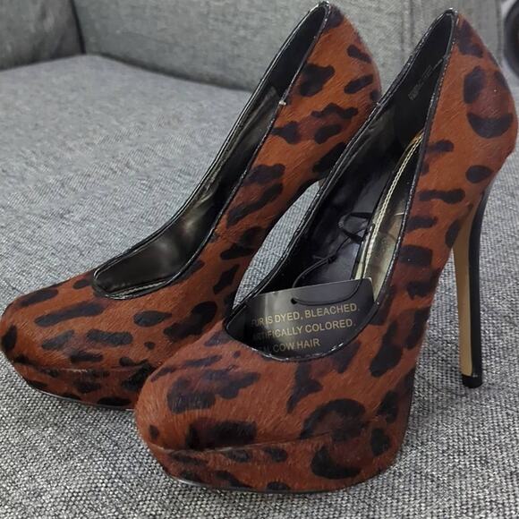 BAKERS Melina Leopard Print Cow Hair Fur Platform Heels Brown Black Wmns Sz 7.5 - Picture 2 of 8